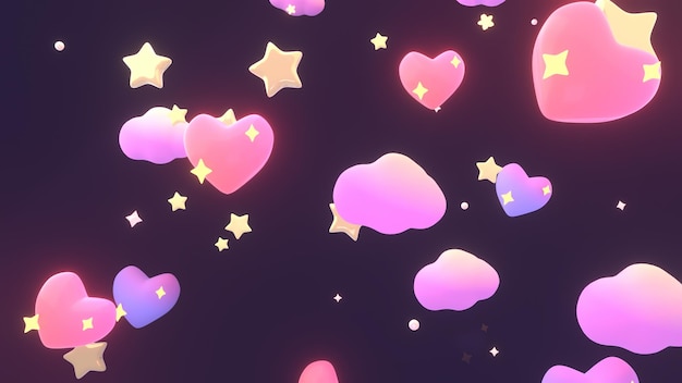3d rendered glowing pink hearts and stars in the dark