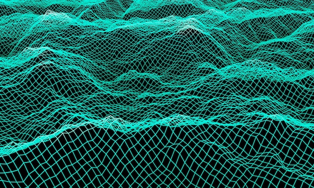 3D rendered green topographic wireframe. Mountain grid.