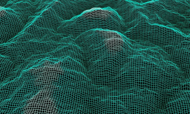 3D rendered green topographic wireframe. Mountain grid.