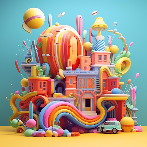 3d rendered groovy cartoonstyle designs with words storytelling style bright colors