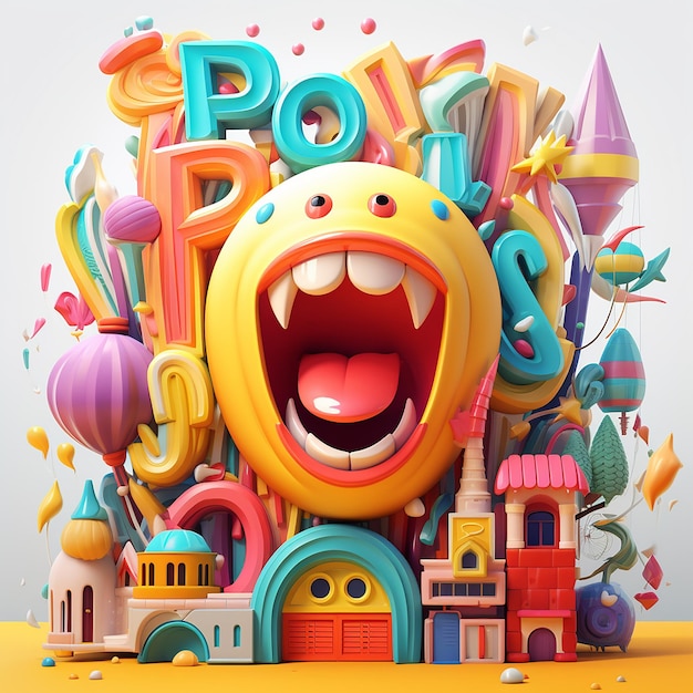 3d rendered groovy cartoonstyle designs with words storytelling style bright colors