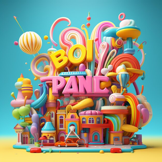 3d rendered groovy cartoonstyle designs with words storytelling style bright colors