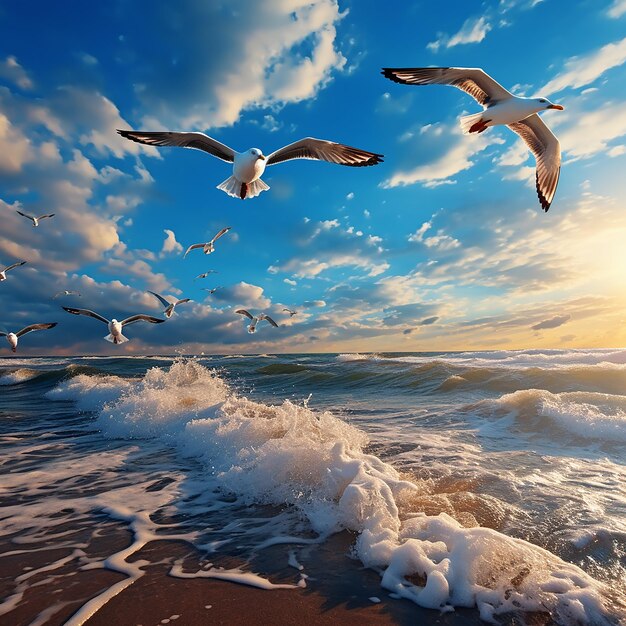 3d rendered a group of seagulls flying under a blue sky over the beach