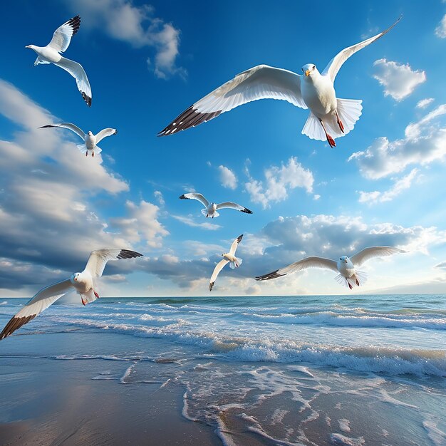 3d rendered a group of seagulls flying under a blue sky over the beach