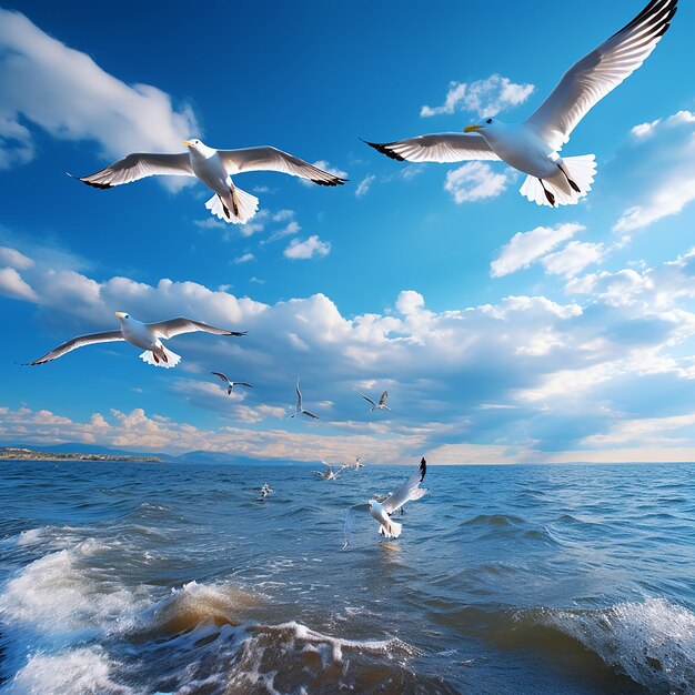 3d rendered a group of seagulls flying under a blue sky over the beach