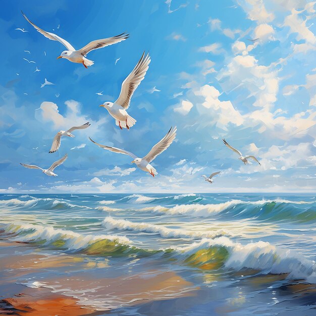 3d rendered a group of seagulls flying under a blue sky over the beach