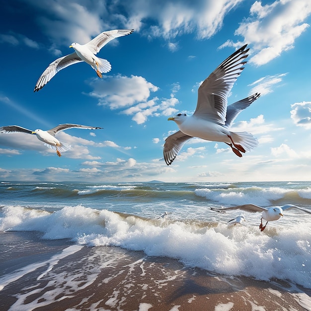 3d rendered a group of seagulls flying under a blue sky over the beach