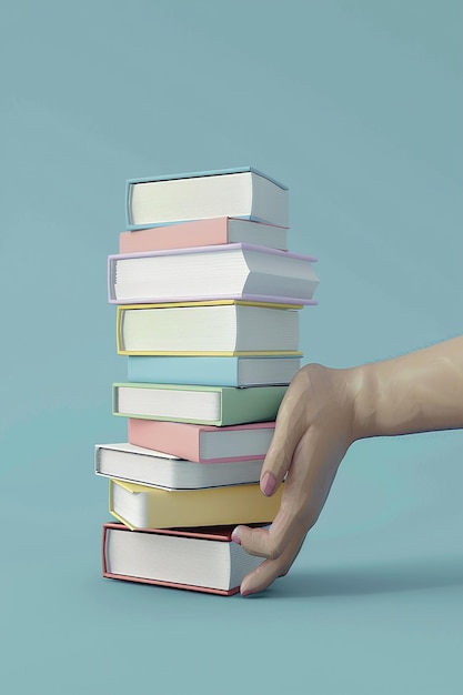 Рука, держащая стопку книг на синем фоне