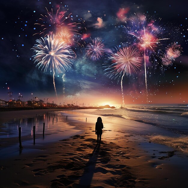 Photo 3d rendered happy new year midnight fireworks at the beach