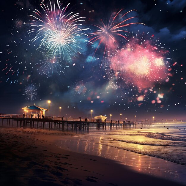 Photo 3d rendered happy new year midnight fireworks at the beach