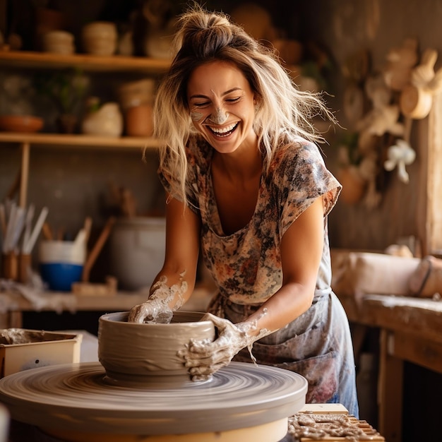 写真 3d レンダリング 幸せな笑顔の女性 陶芸家 陶芸工場で陶芸家の車輪の後ろで働いています