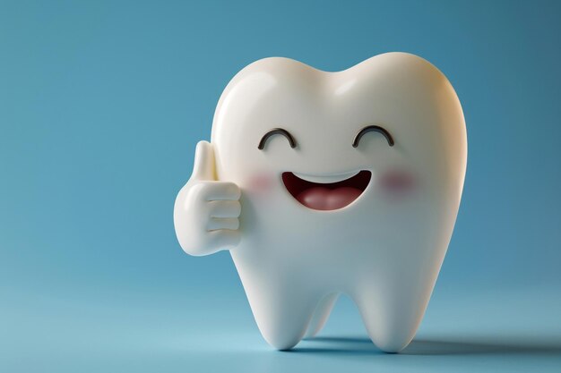 Photo 3d rendered happy white tooth character giving thumbs up