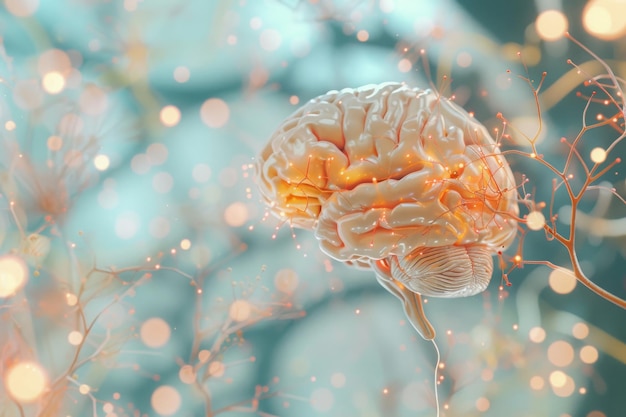 3D rendered human brain with intricate neural connections and structures representing futuristi