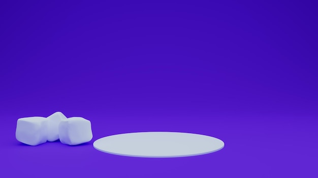 Cubetto di ghiaccio con rendering 3d e supporto del prodotto con uno sfondo di colore viola