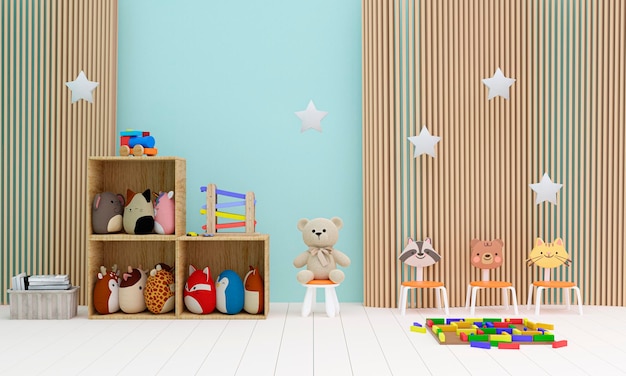 3d rendered illustration of blue wall children room and stuffed\
toy animals