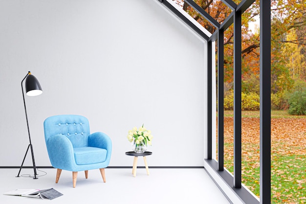 3d rendered illustration of a bright living room with blue sofa