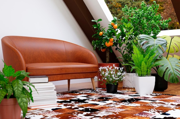 Photo 3d rendered illustration of a bright living room with indoor plants