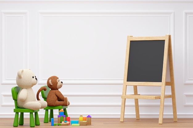 3d rendered illustration of children room with stuffed toy animals and black writing board