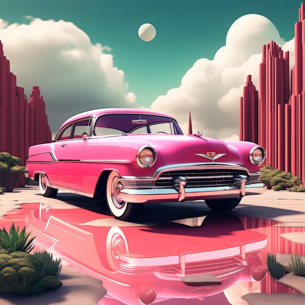 3D rendered illustration of a classic car with a pink roof 3D rendered illustration of a classi