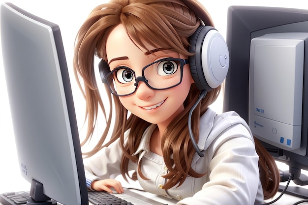 3D-иллюстрация милой девушки из мультфильма с наушниками и компьютером