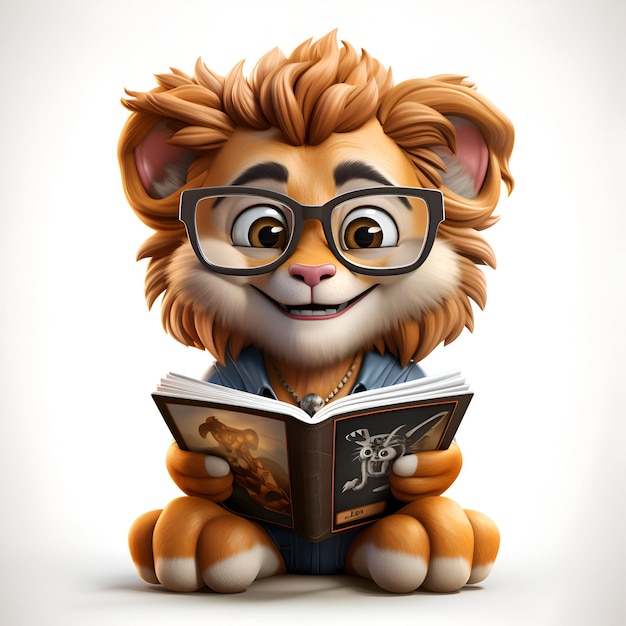 Photo 3d rendered illustration of a cute cartoon lion reading a book