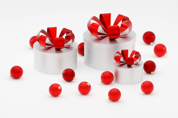 3d rendered illustration gift boxes closed with pastel ribbon bow holiday surprise box and red christmas ornaments