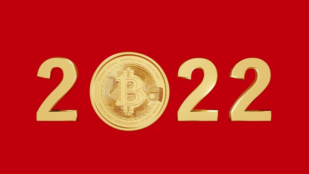 Photo 3d rendered illustration of a golden bitcoin cryptocurrency and a number 2022