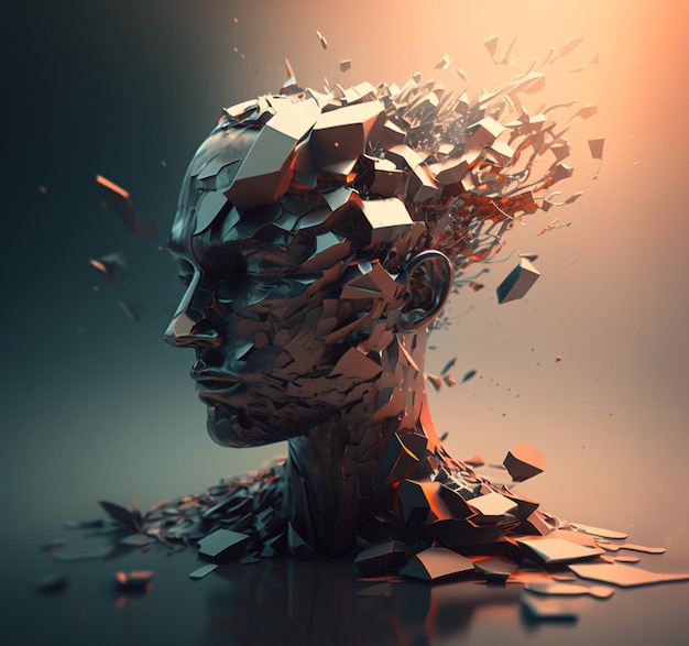 3d rendered illustration of a human or mannequin head in a glass shattering art style