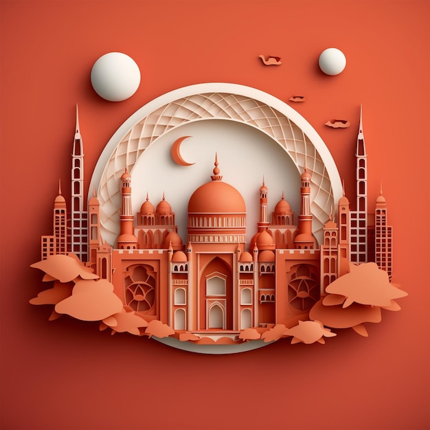 3D rendered illustration for Islamic Mosque in paper cutout effect