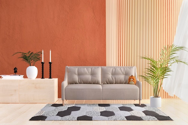 3d rendered illustration of a modern living room with orange painted wall