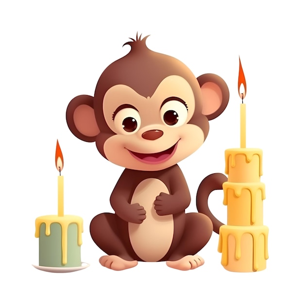 3d rendered illustration of monkey cartoon character with birthday cake and candle