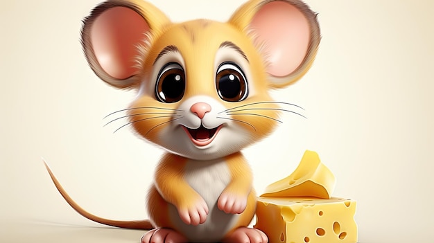 3D レンダリング マウスのアニメキャラクターとチーズ