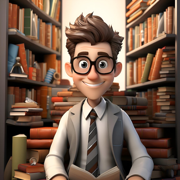 3D rendered illustration of nerd cartoon character with bookshelf background