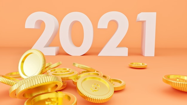 3D rendered illustration of a number 2021 and gold coins.