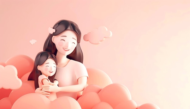 사진 엄마와 딸이 포옹하는 3d 렌더링 일러스트레이션