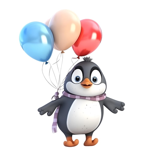 3d rendered illustration of a penguin cartoon character with party balloons