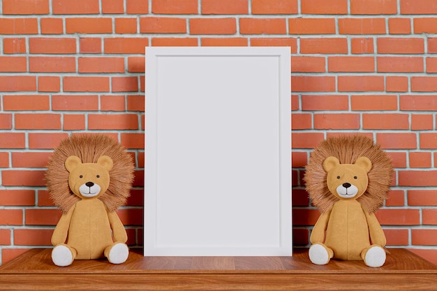 3d rendered illustration of a picture frame mock up with stuffed toy animal