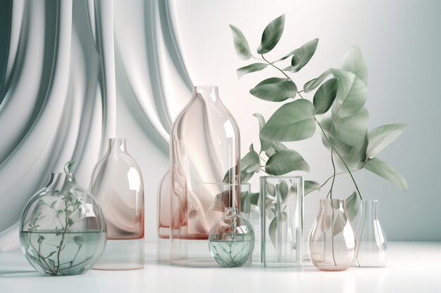 3d rendered illustration of plant objects composition with glass elements visualization for produc