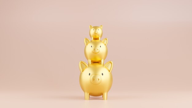 3D rendered illustration of three gold piggy banks in a stack.  Business and finance concept.