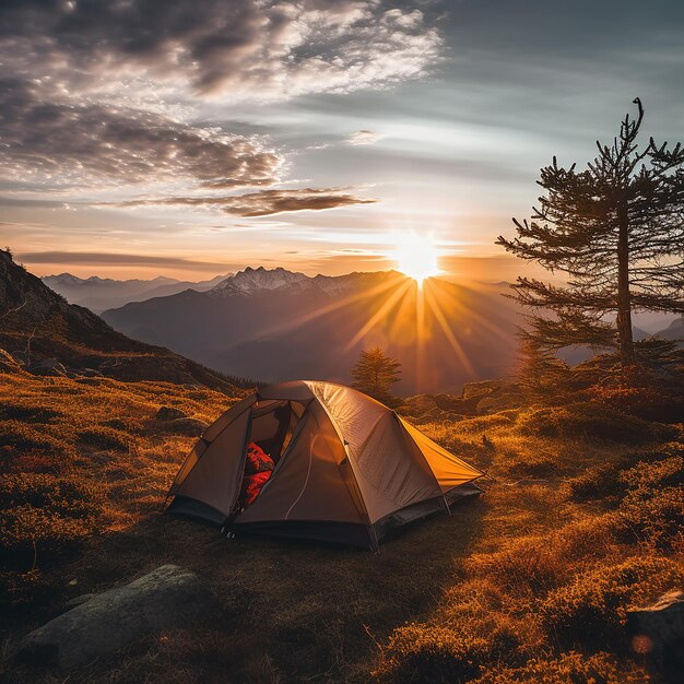 3d rendered image of camping in mountains with sunset