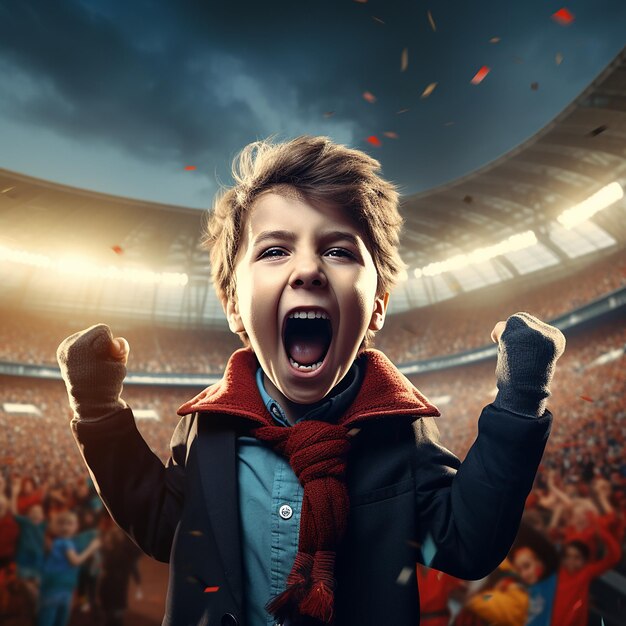 Photo 3d rendered image of a child showing emotions on the victory of his team