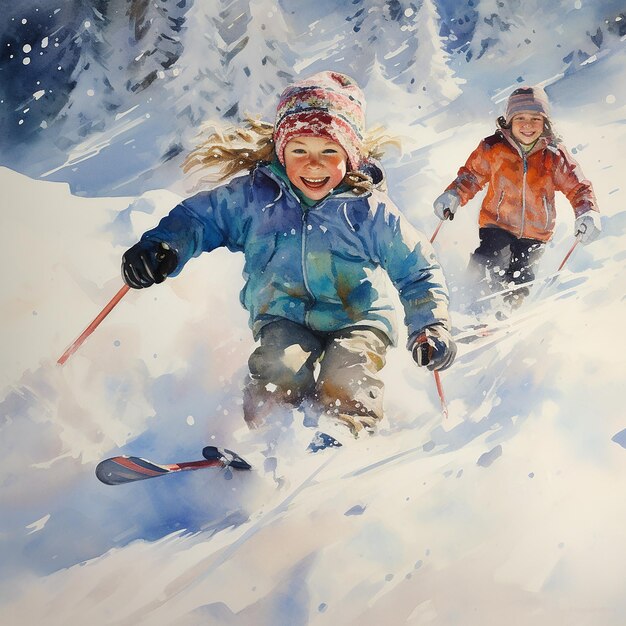 3d rendered image of children skiing down the slope in deep snow in winter
