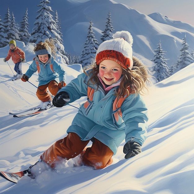 3d rendered image of children skiing down the slope in deep snow in winter