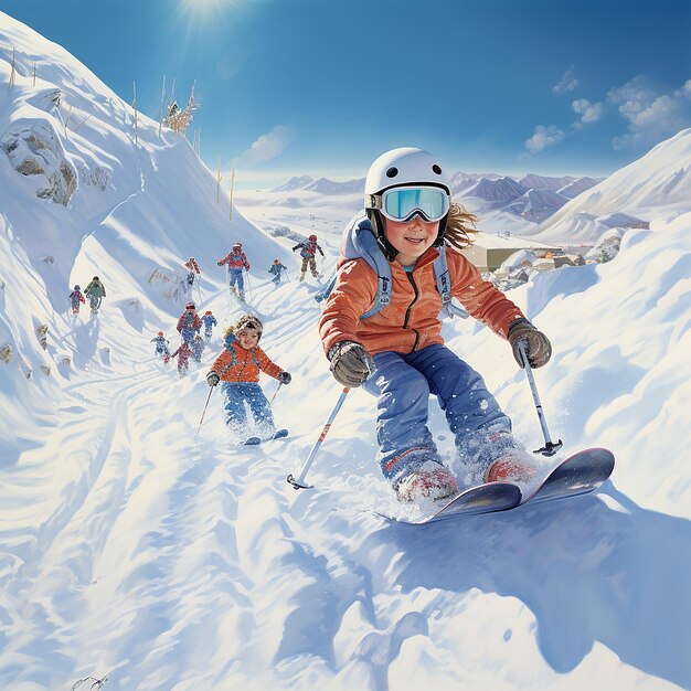 3d rendered image of children skiing down the slope in deep snow in winter