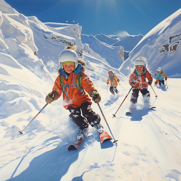 3d rendered image of children skiing down the slope in deep snow in winter