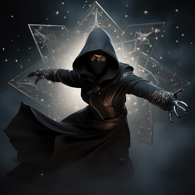 Foto immagine 3d di un assassino femminile che indossa un cappuccio nero che lancia stelle ninja