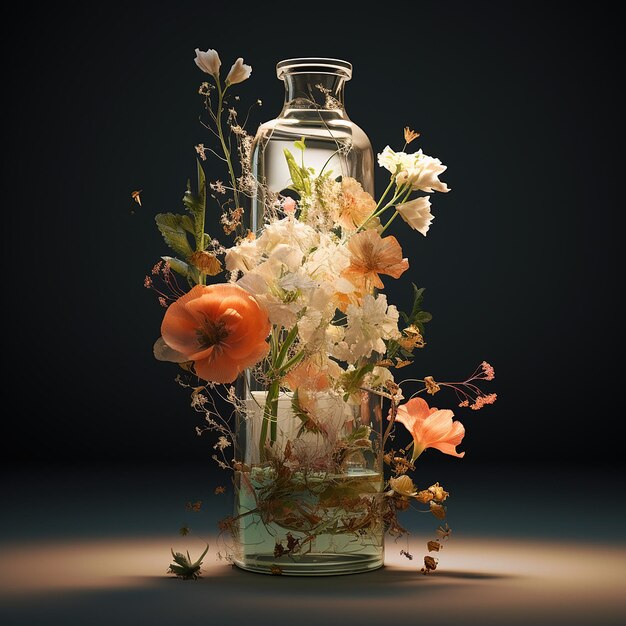 3d rendered image of fresh scent of flower in a glass bottle beautiful decorated