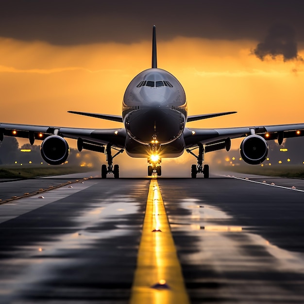 3d rendered image frontal view of an airplane on the runway taking off