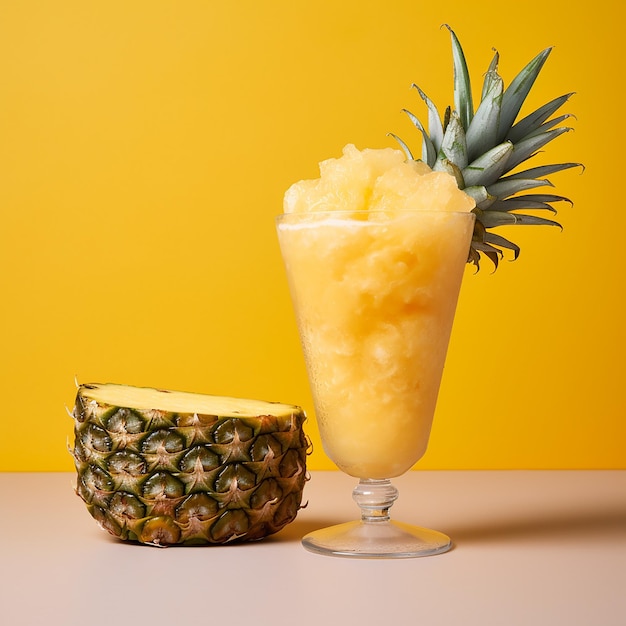 3d rendered image of a glass of pineapple slush next to slice and pineapple stylish drink