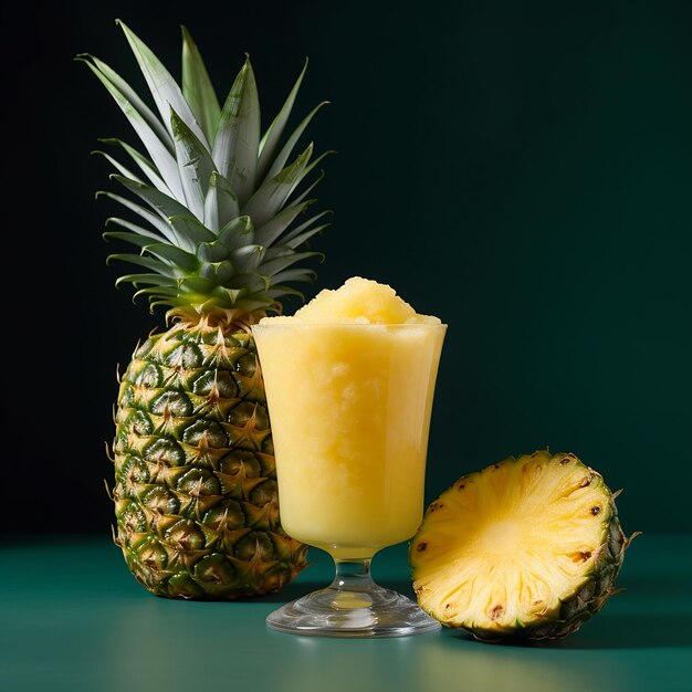 3d rendered image of a glass of pineapple slush next to slice and pineapple stylish drink